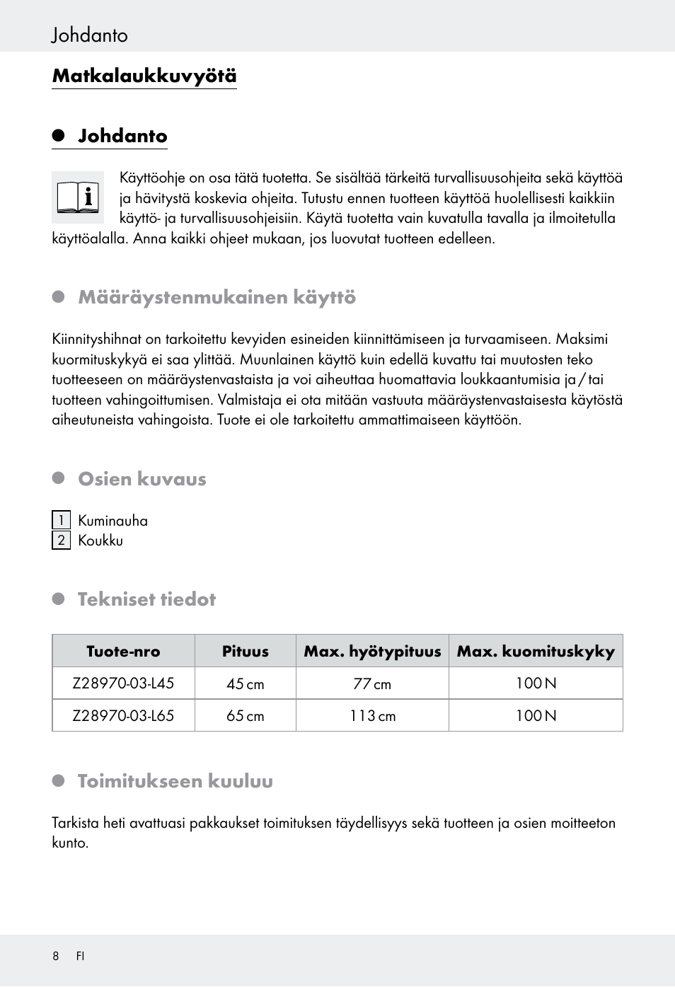 Johdanto, Matkalaukkuvyötä, Määräystenmukainen käyttö | Osien kuvaus, Tekniset tiedot, Toimitukseen kuuluu | Powerfix Z28970-03 User Manual | Page 8 / 32