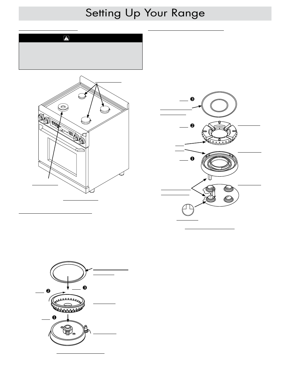 Setting up your range, Cooktop assembly stack burner assembly, Crown burner assembly | Dacor ER30DSR User Manual | Page 9 / 36
