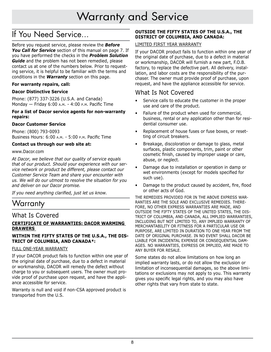 Warranty and service, If you need service, Warranty | What is covered, What is not covered | Dacor ERWD30 User Manual | Page 10 / 12