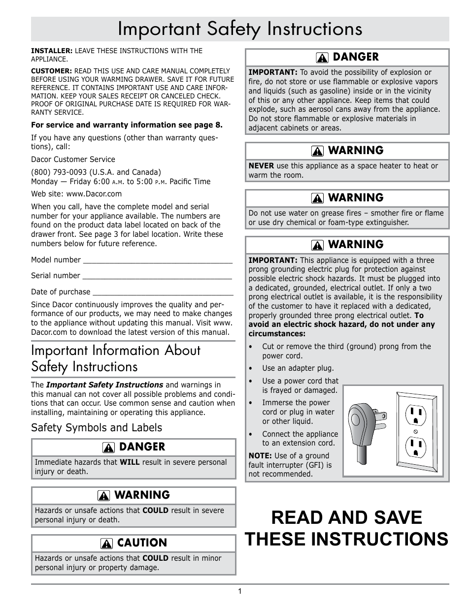 Important safety instructions, Read and save these instructions, Important information about safety instructions | Safety symbols and labels danger, Warning, Caution, Danger | Dacor ERWD30 User Manual | Page 3 / 12