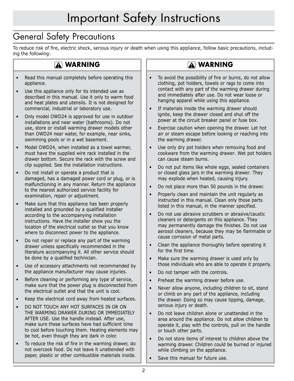 Important safety instructions, General safety precautions, Warning | Dacor ERWD30 User Manual | Page 4 / 12