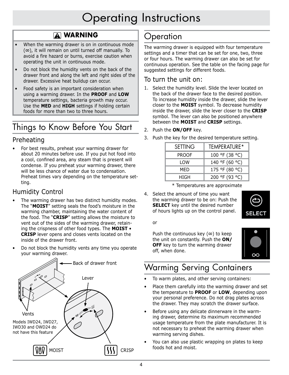 Operating instructions, Things to know before you start, Operation | Warming serving containers, Warning, Preheating, Humidity control | Dacor ERWD30 User Manual | Page 6 / 12