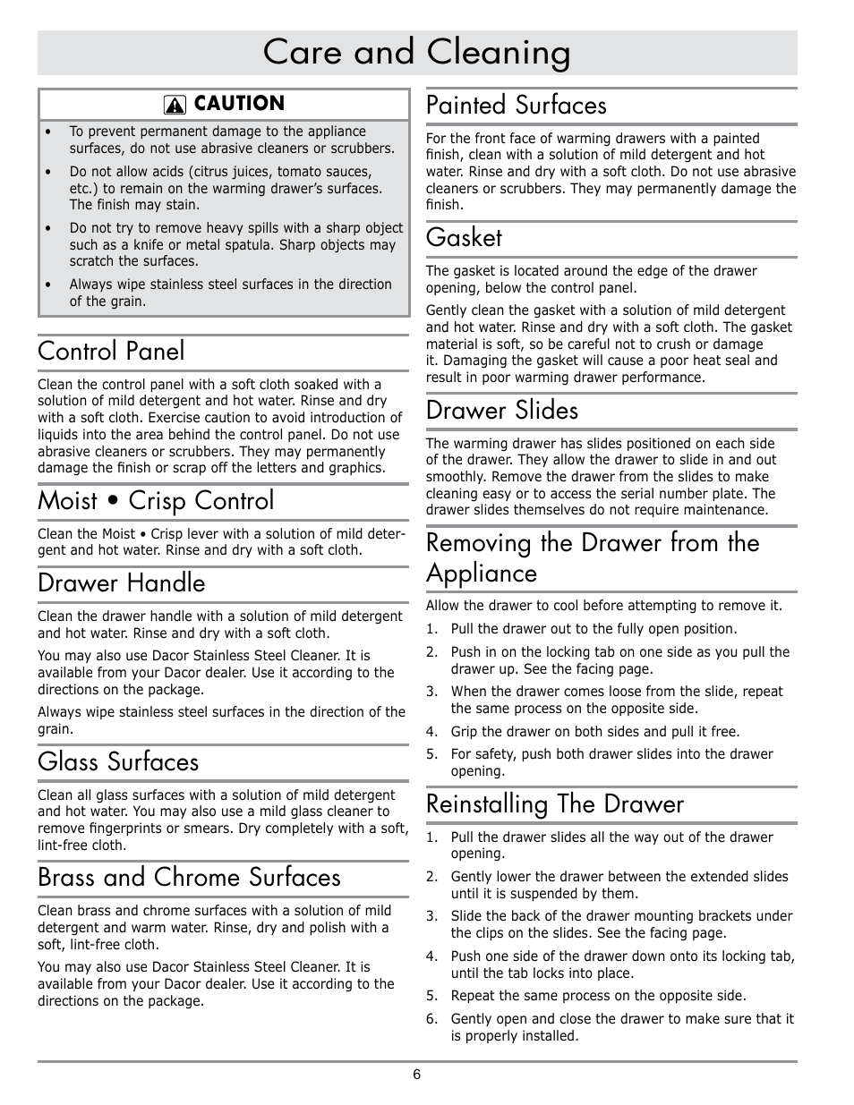 Care and cleaning, Control panel, Moist • crisp control | Drawer handle, Glass surfaces, Brass and chrome surfaces, Painted surfaces, Gasket, Drawer slides, Removing the drawer from the appliance | Dacor ERWD30 User Manual | Page 8 / 12