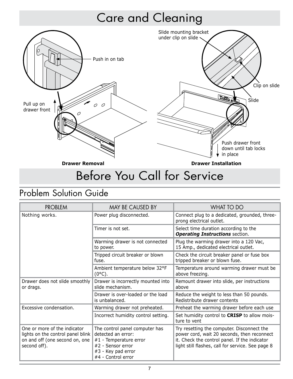 Before you call for service, Care and cleaning, Problem solution guide | Dacor ERWD30 User Manual | Page 9 / 12