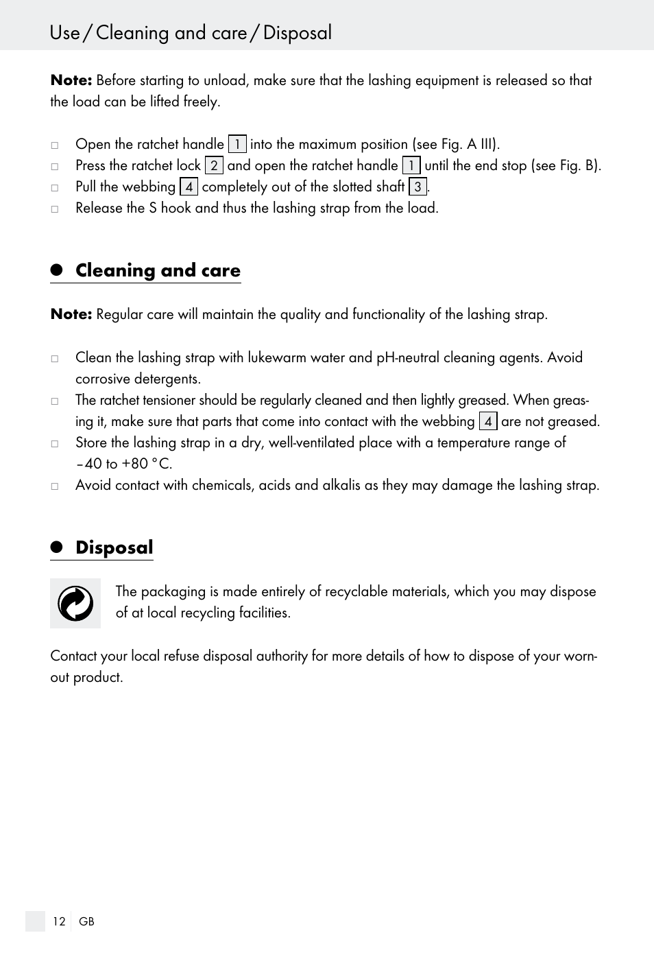 Use / cleaning and care / disposal, Cleaning and care, Disposal | Powerfix Z28970-01 User Manual | Page 12 / 65