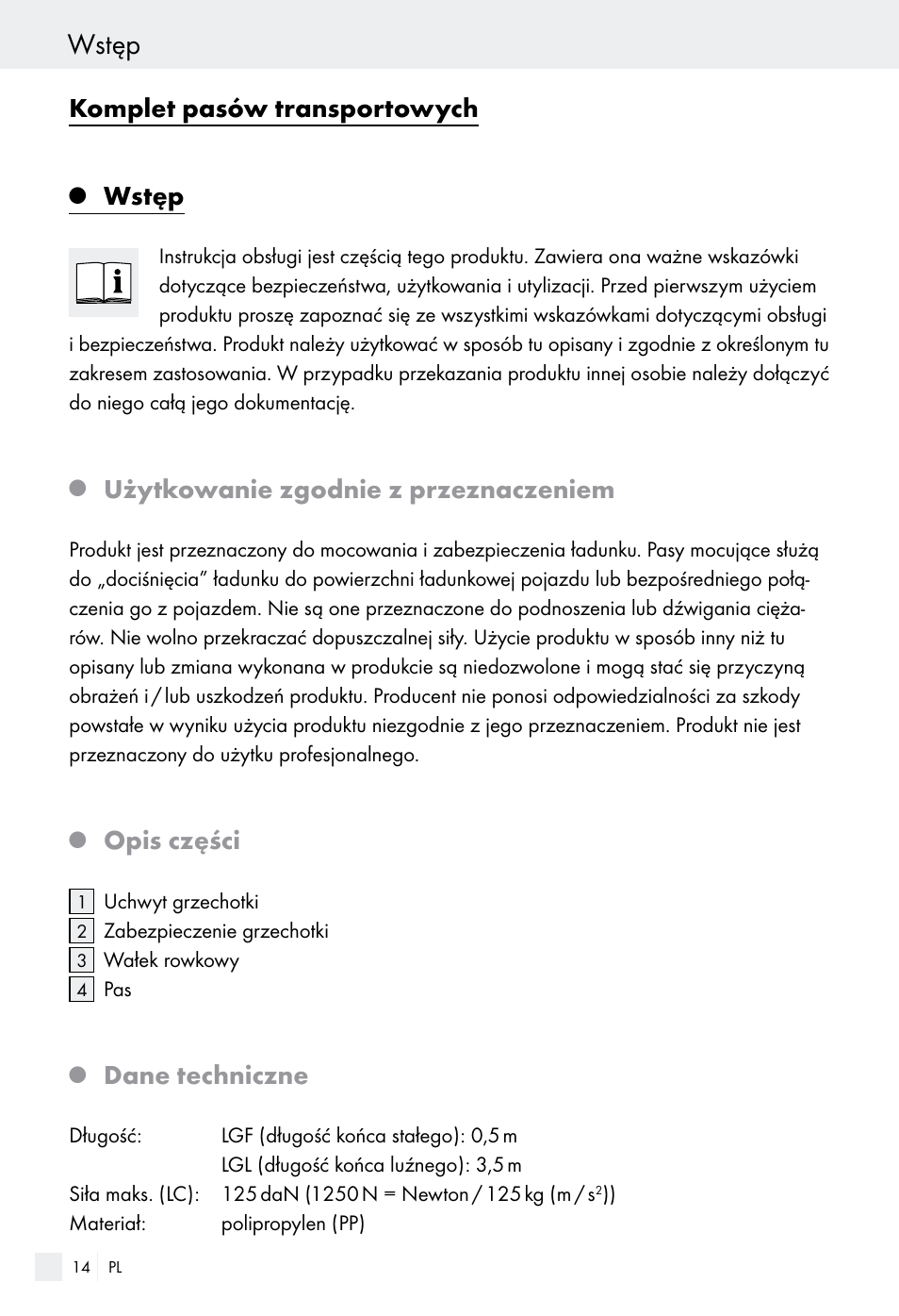 Wstęp, Komplet pasów transportowych, Użytkowanie zgodnie z przeznaczeniem | Opis części, Dane techniczne | Powerfix Z28970-01 User Manual | Page 14 / 65