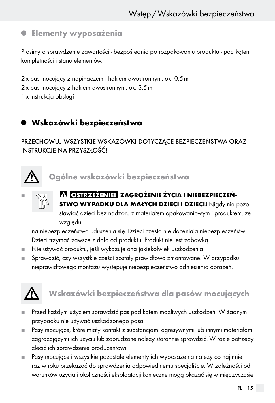 Wstęp / wskazówki bezpieczeństwa, Elementy wyposażenia, Wskazówki bezpieczeństwa | Ogólne wskazówki bezpieczeństwa, Wskazówki bezpieczeństwa dla pasów mocujących | Powerfix Z28970-01 User Manual | Page 15 / 65