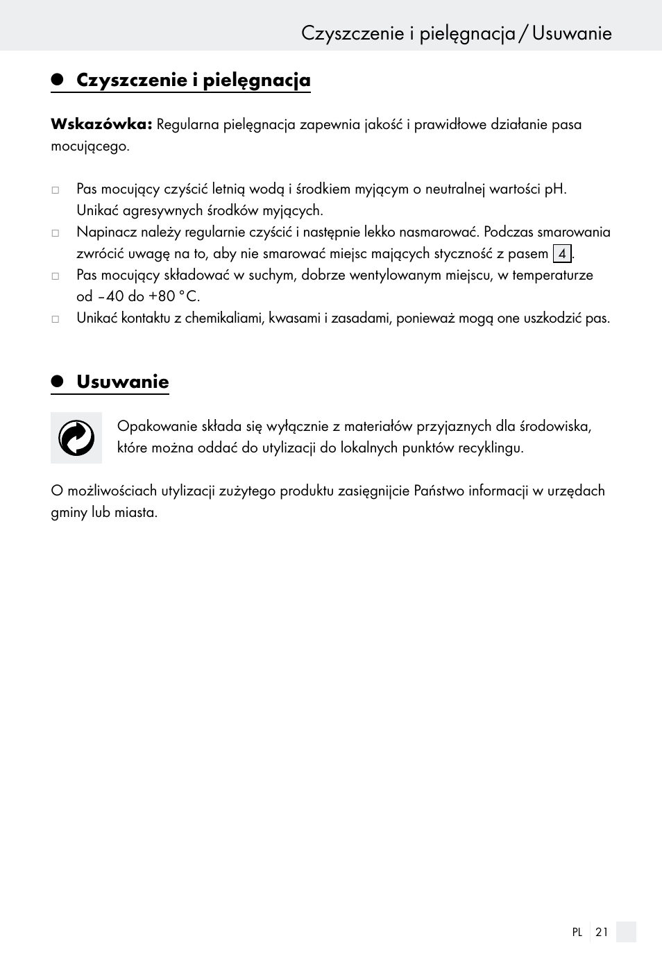 Czyszczenie i pielęgnacja / usuwanie, Czyszczenie i pielęgnacja, Usuwanie | Powerfix Z28970-01 User Manual | Page 21 / 65