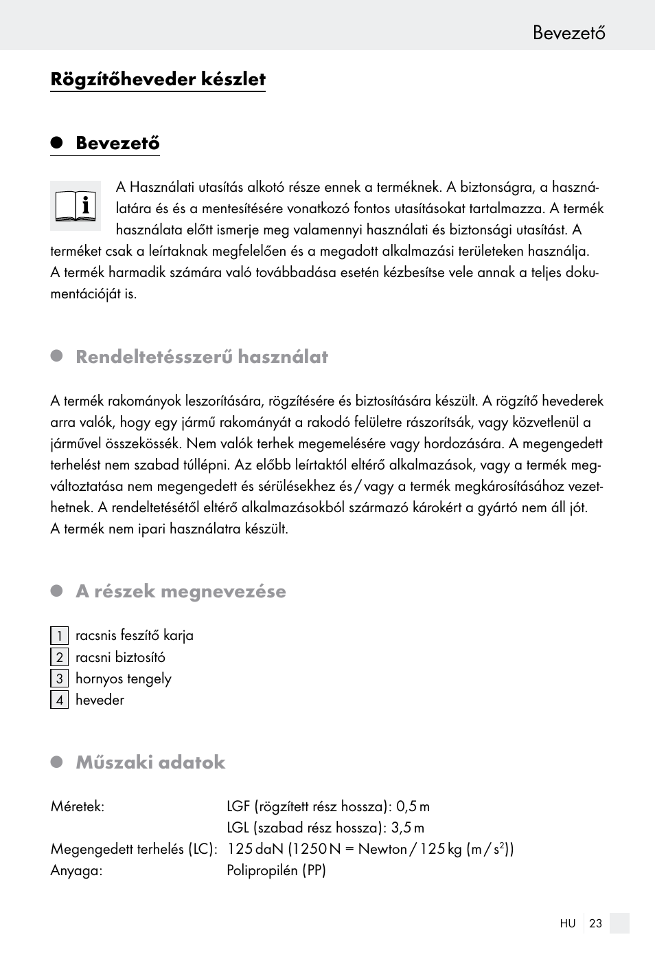 Bevezető, Rögzítőheveder készlet, Rendeltetésszerű használat | A részek megnevezése, Műszaki adatok | Powerfix Z28970-01 User Manual | Page 23 / 65