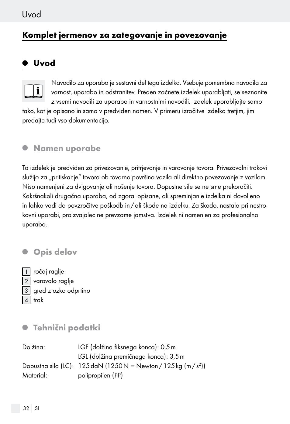 Uvod, Komplet jermenov za zategovanje in povezovanje, Namen uporabe | Opis delov, Tehnični podatki | Powerfix Z28970-01 User Manual | Page 32 / 65