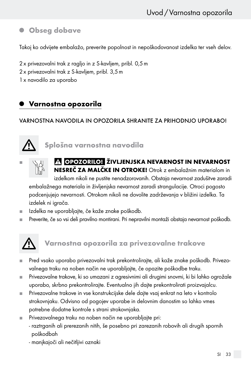 Uvod / varnostna opozorila, Obseg dobave, Varnostna opozorila | Splošna varnostna navodila, Varnostna opozorila za privezovalne trakove | Powerfix Z28970-01 User Manual | Page 33 / 65