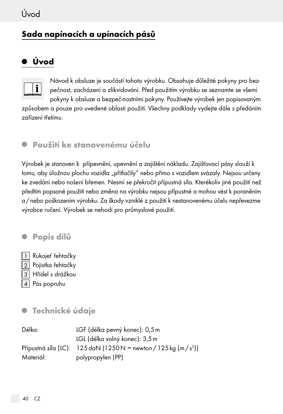 Úvod, Sada napínacích a upínacích pásů, Použití ke stanovenému účelu | Popis dílů, Technické údaje | Powerfix Z28970-01 User Manual | Page 40 / 65