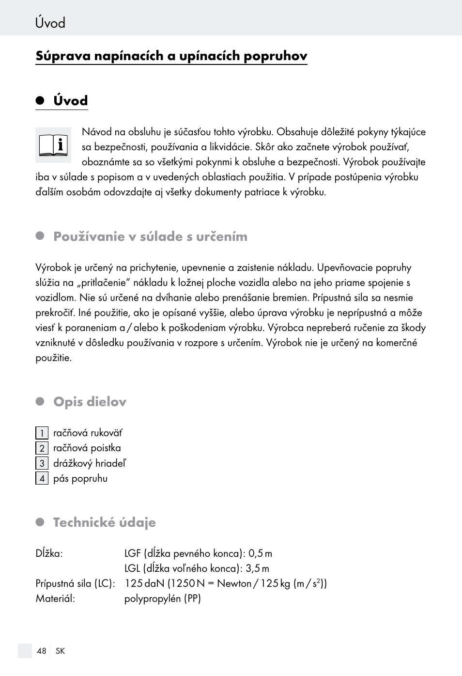 Úvod, Súprava napínacích a upínacích popruhov, Používanie v súlade s určením | Opis dielov, Technické údaje | Powerfix Z28970-01 User Manual | Page 48 / 65