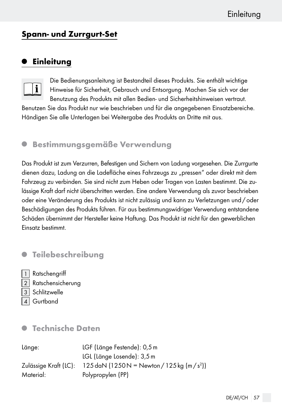 Einleitung, Spann- und zurrgurt-set, Bestimmungsgemäße verwendung | Teilebeschreibung, Technische daten | Powerfix Z28970-01 User Manual | Page 57 / 65