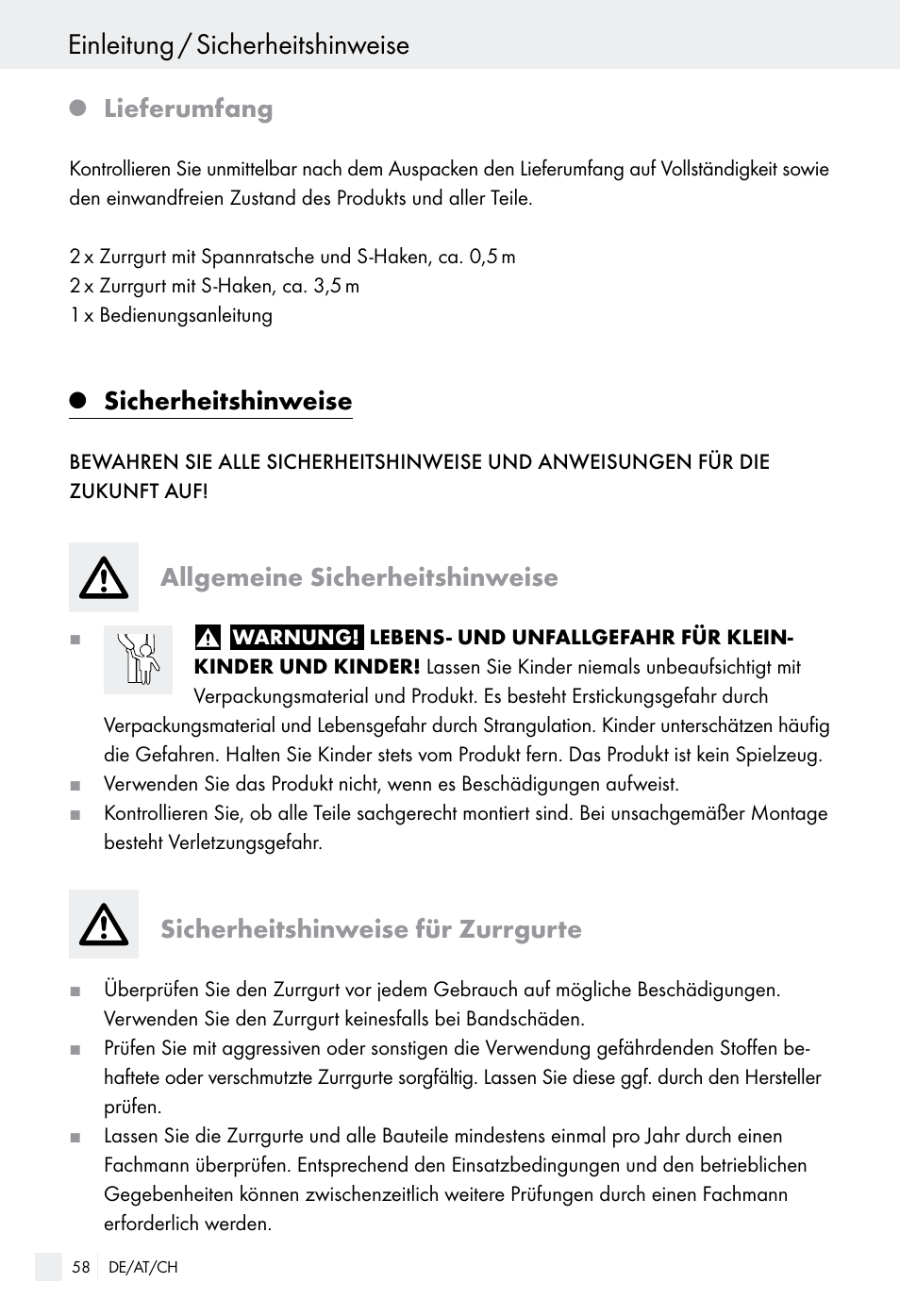 Einleitung / sicherheitshinweise, Lieferumfang, Sicherheitshinweise | Allgemeine sicherheitshinweise, Sicherheitshinweise für zurrgurte | Powerfix Z28970-01 User Manual | Page 58 / 65