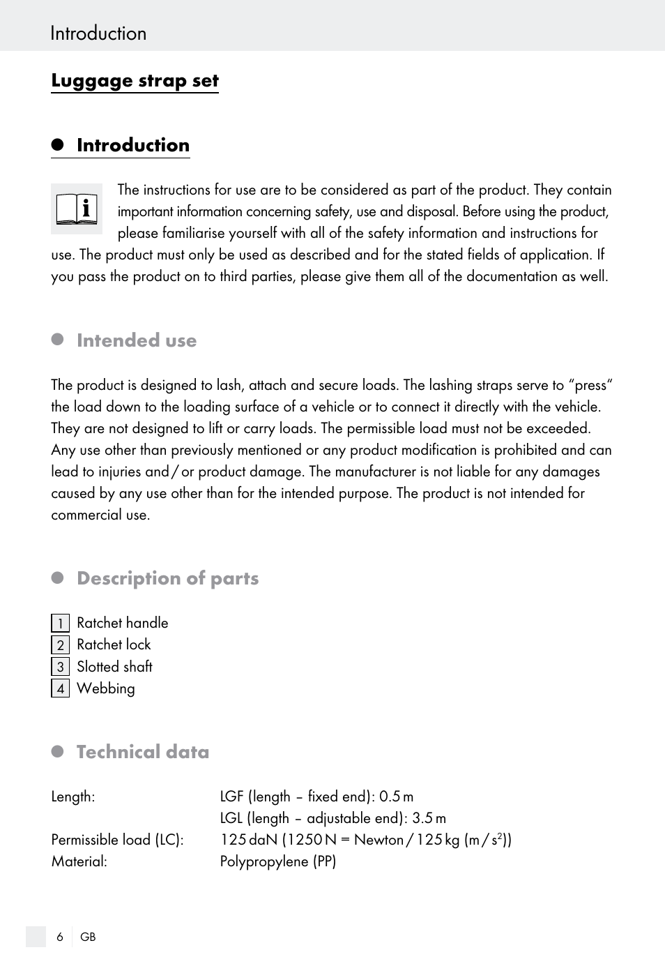 Introduction, Luggage strap set, Intended use | Description of parts, Technical data | Powerfix Z28970-01 User Manual | Page 6 / 65