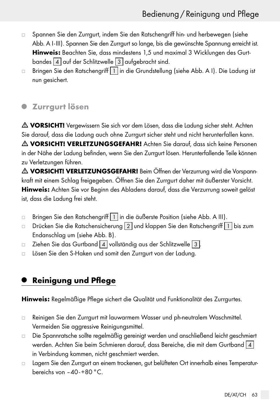 Bedienung / reinigung und pflege, Zurrgurt lösen, Reinigung und pflege | Powerfix Z28970-01 User Manual | Page 63 / 65