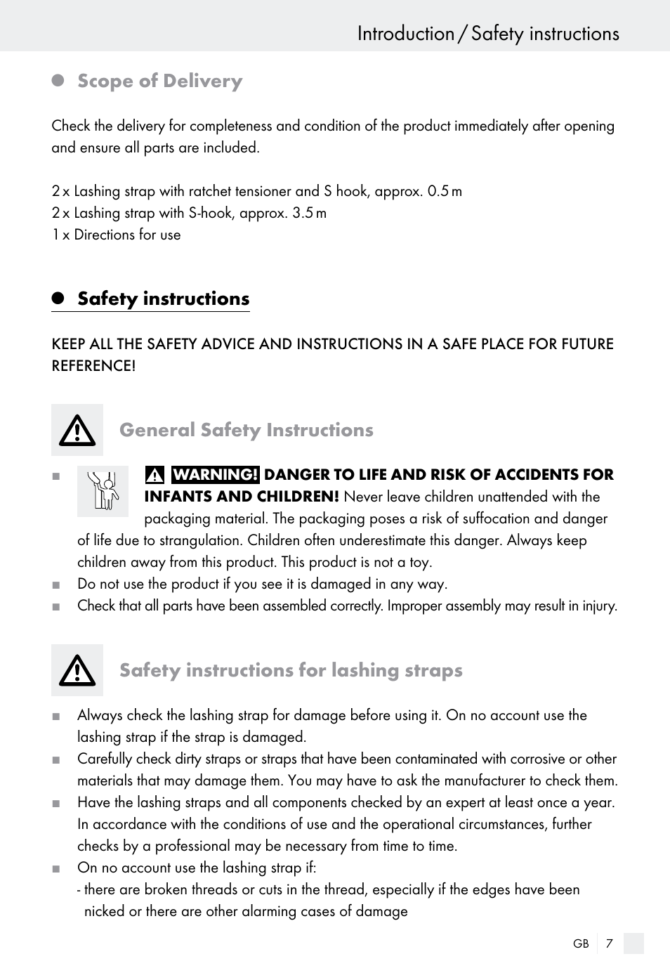 Introduction / safety instructions, Scope of delivery, Safety instructions | General safety instructions, Safety instructions for lashing straps | Powerfix Z28970-01 User Manual | Page 7 / 65