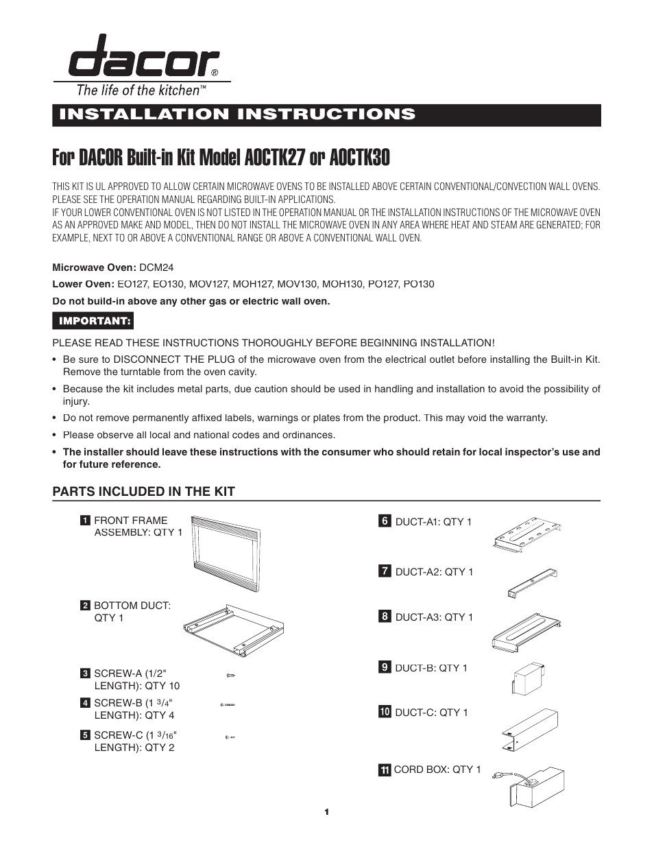 Dacor AOCTK27 User Manual | 4 pages