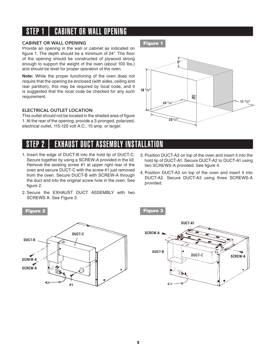 Step 1 cabinet or wall opening, Step 2 exhaust duct assembly installation | Dacor AOCTK27 User Manual | Page 2 / 4