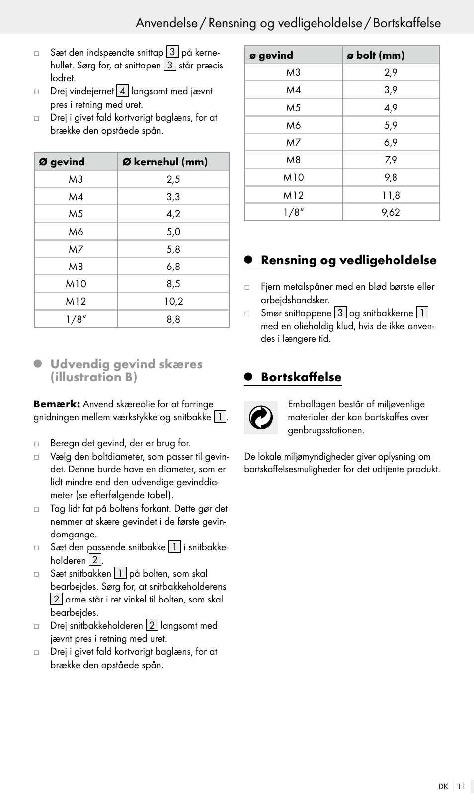 Udvendig gevind skæres (illustration b), Rensning og vedligeholdelse, Bortskaffelse | Powerfix Z30003 User Manual | Page 11 / 18