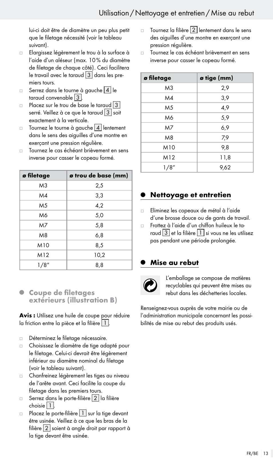 Coupe de filetages extérieurs (illustration b), Nettoyage et entretien, Mise au rebut | Powerfix Z30003 User Manual | Page 13 / 18