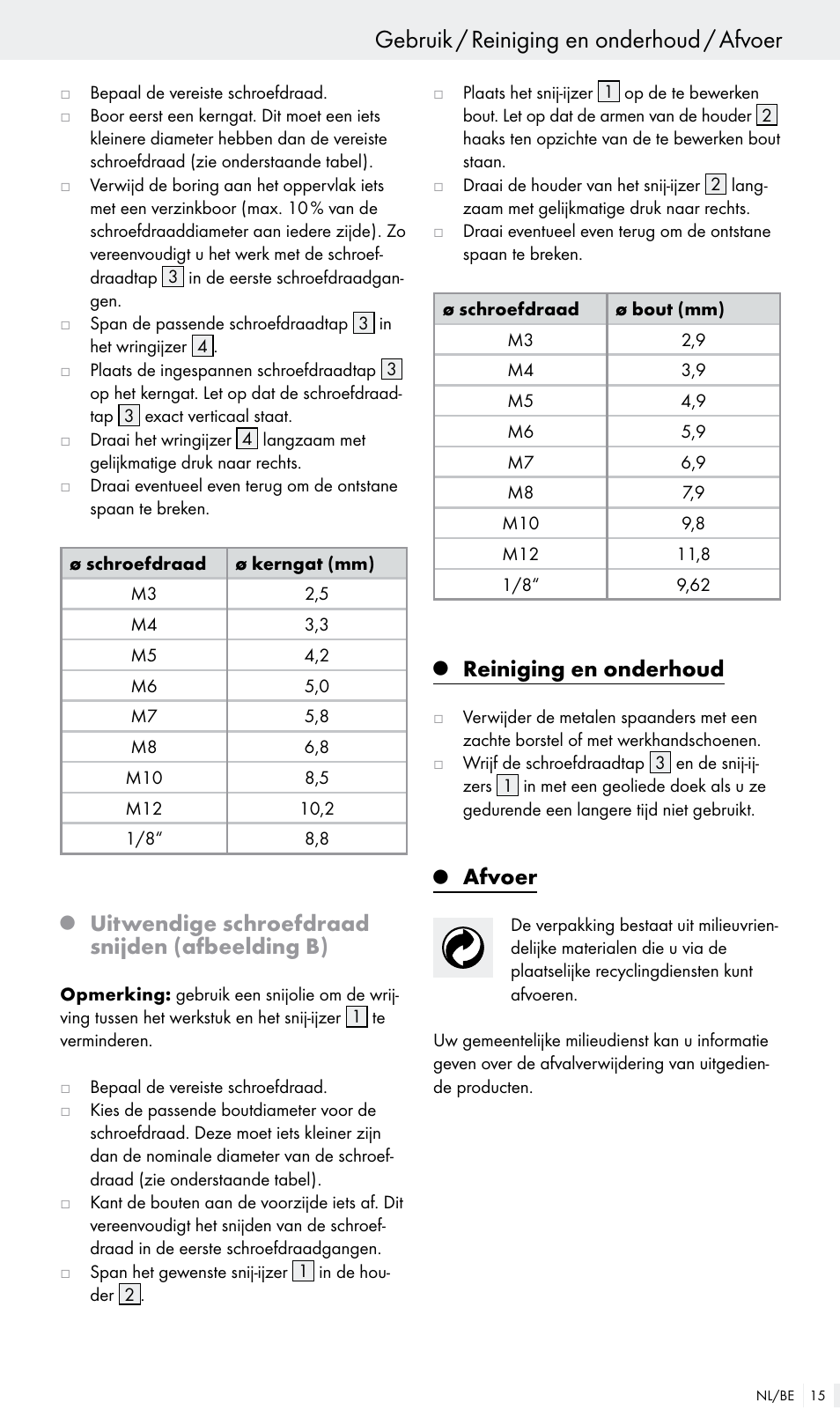 Gebruik / reiniging en onderhoud / afvoer, Uitwendige schroefdraad snijden (afbeelding b), Reiniging en onderhoud | Afvoer | Powerfix Z30003 User Manual | Page 15 / 18