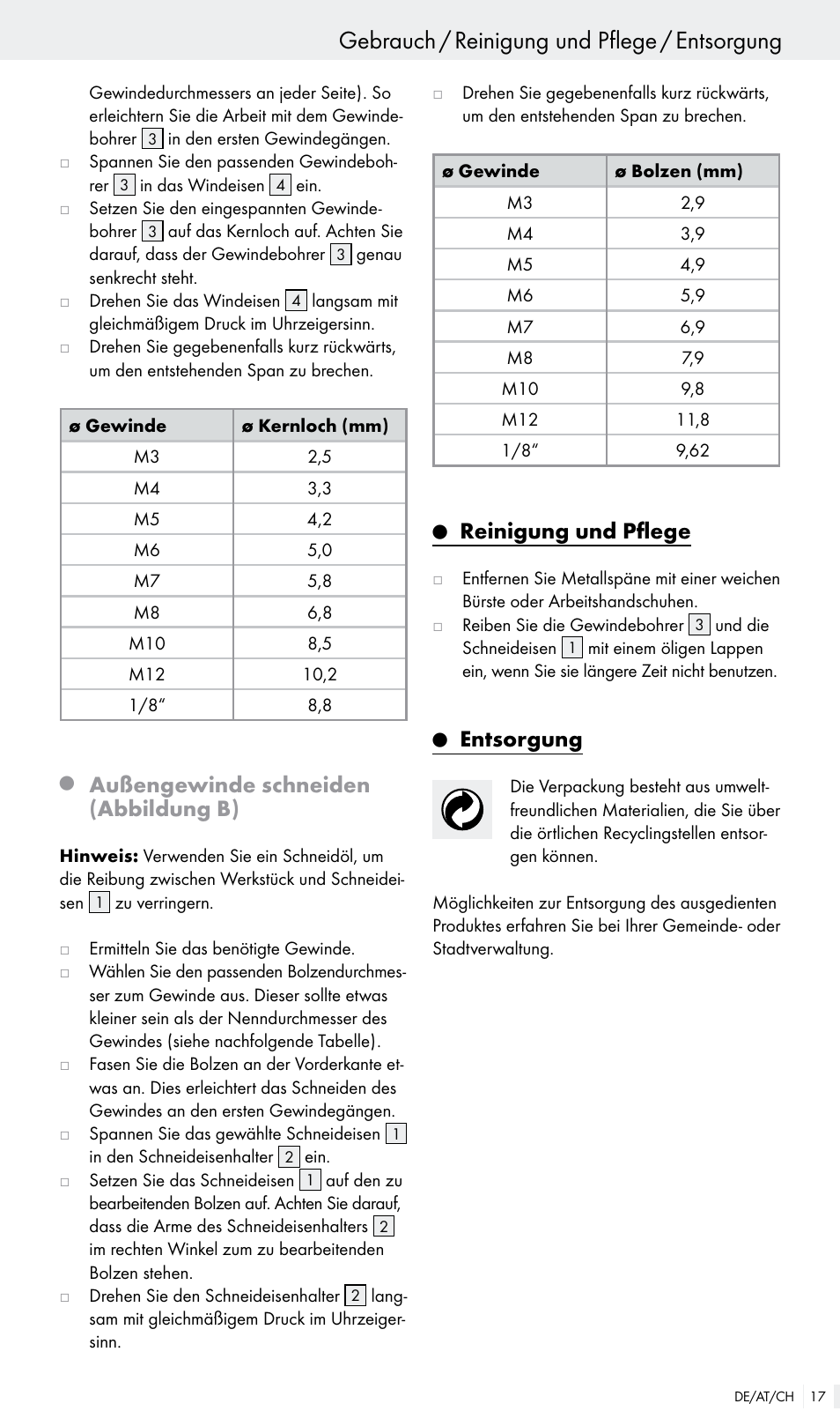 Gebrauch / reinigung und pflege / entsorgung, Außengewinde schneiden (abbildung b), Reinigung und pflege | Entsorgung | Powerfix Z30003 User Manual | Page 17 / 18