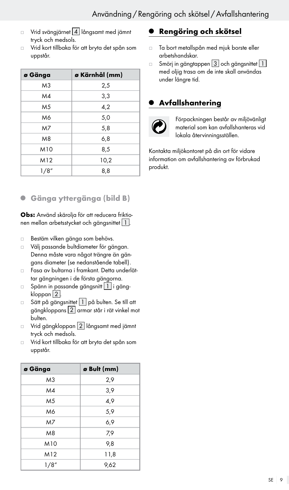 Gänga yttergänga (bild b), Rengöring och skötsel, Avfallshantering | Powerfix Z30003 User Manual | Page 9 / 18