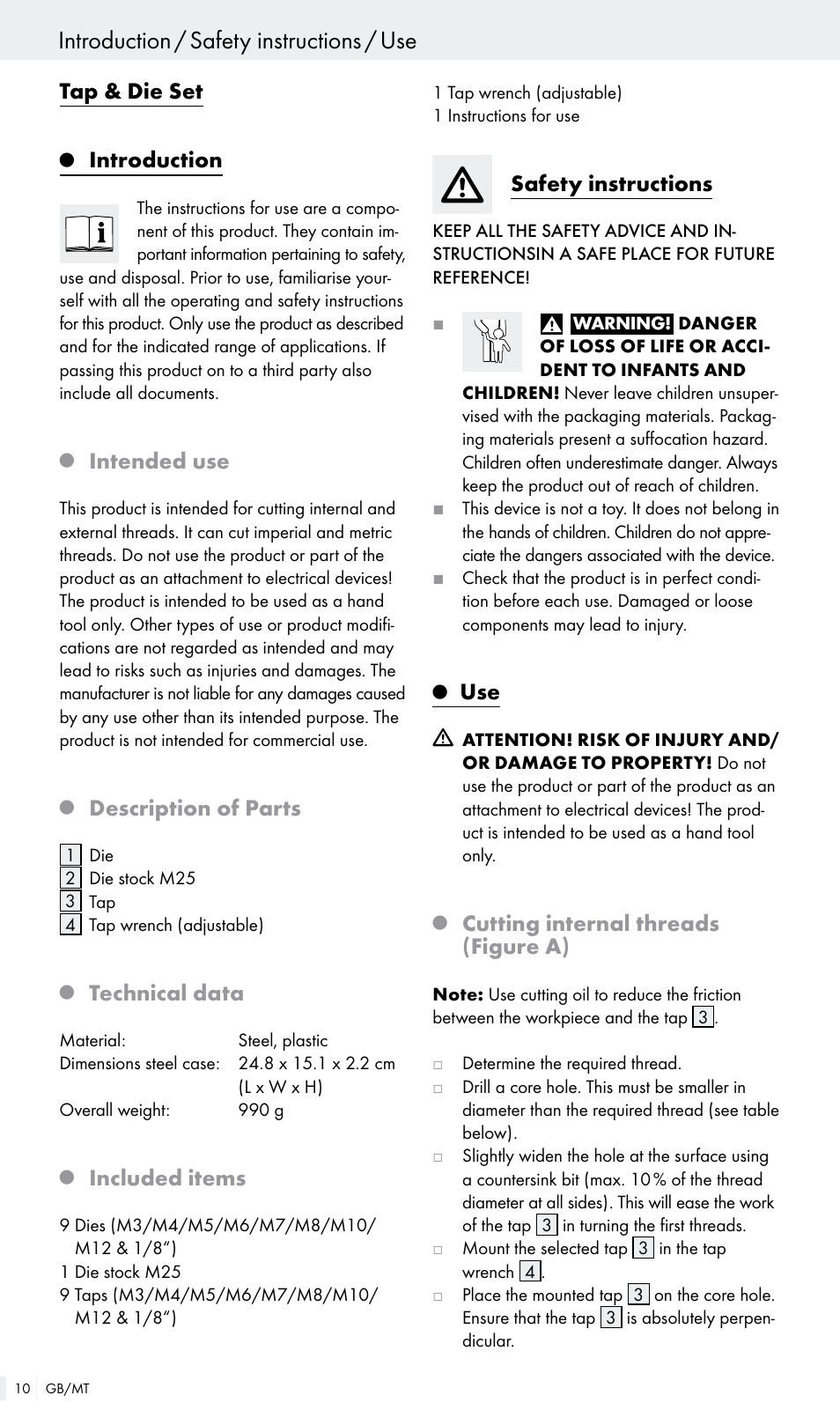 Introduction / safety instructions / use, Tap & die set, Introduction | Intended use, Description of parts, Technical data, Included items, Safety instructions, Cutting internal threads (figure a) | Powerfix Z30003 User Manual | Page 10 / 14