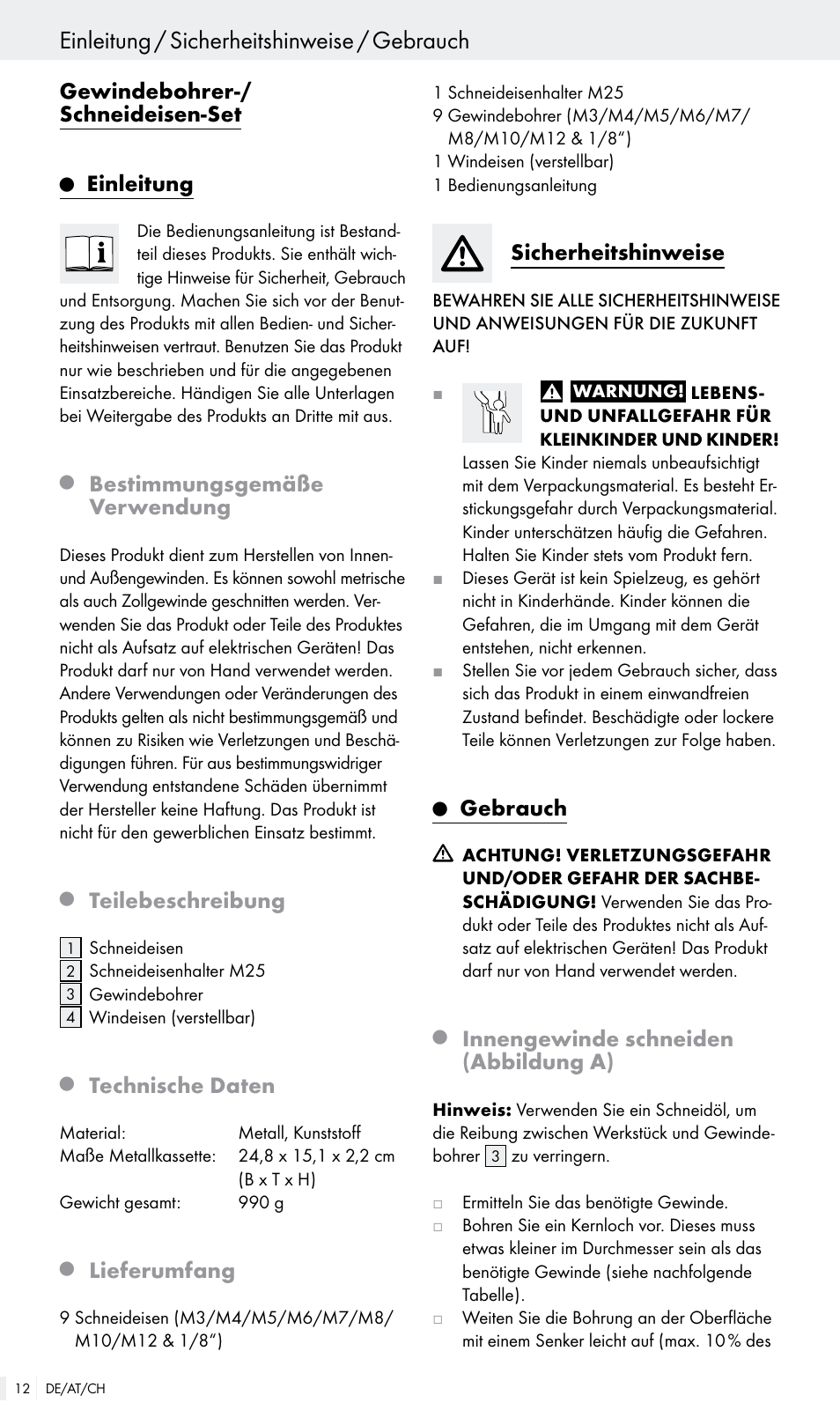 Einleitung / sicherheitshinweise / gebrauch, Gewindebohrer-/ schneideisen-set, Einleitung | Bestimmungsgemäße verwendung, Teilebeschreibung, Technische daten, Lieferumfang, Sicherheitshinweise, Gebrauch, Innengewinde schneiden (abbildung a) | Powerfix Z30003 User Manual | Page 12 / 14