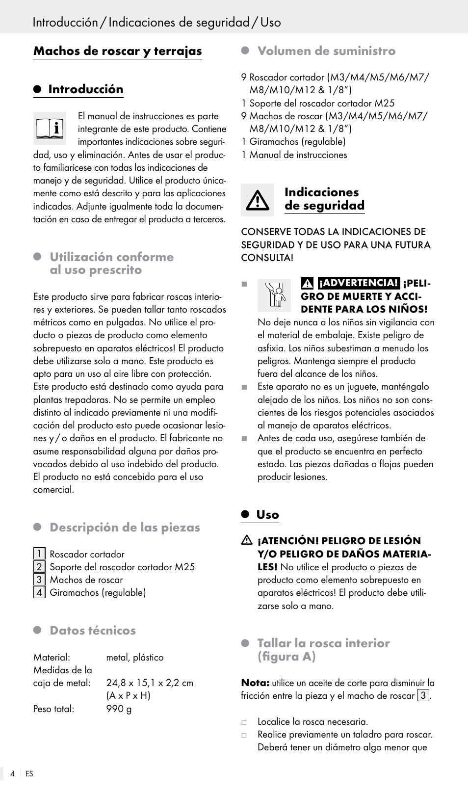 Introducción, Indicaciones de seguridad / uso, Machos de roscar y terrajas | Utilización conforme al uso prescrito, Descripción de las piezas, Datos técnicos, Volumen de suministro, Indicaciones de seguridad, Tallar la rosca interior (figura a) | Powerfix Z30003 User Manual | Page 4 / 14