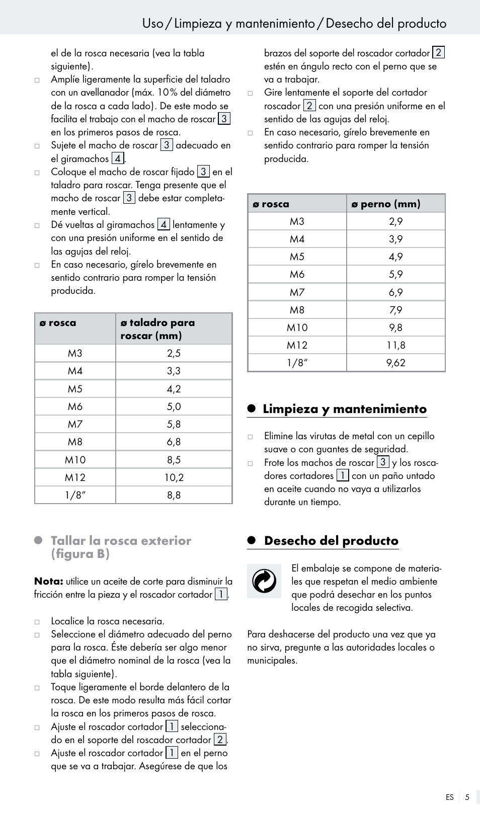 Tallar la rosca exterior (figura b), Limpieza y mantenimiento, Desecho del producto | Powerfix Z30003 User Manual | Page 5 / 14