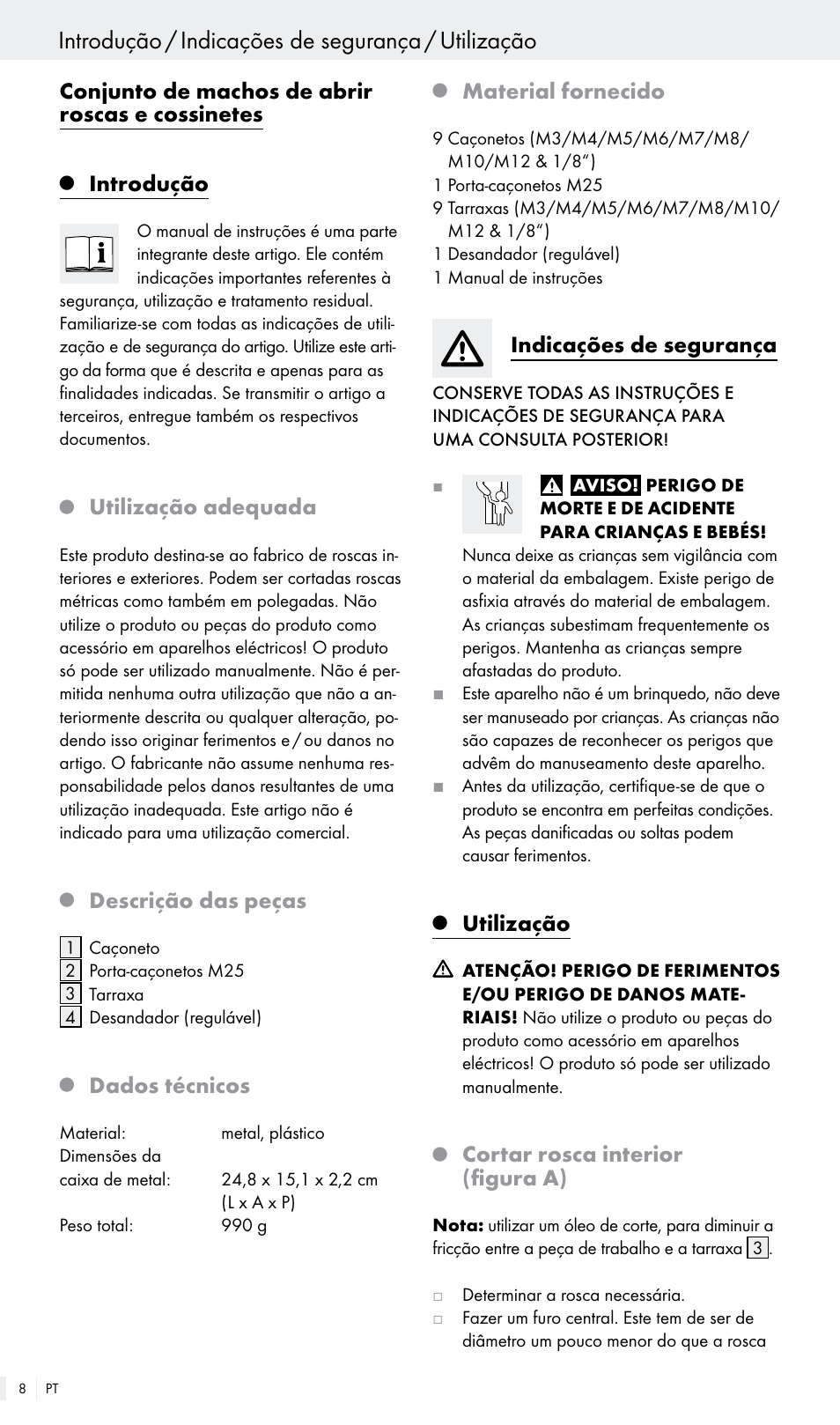 Introdução / indicações de segurança / utilização, Conjunto de machos de abrir roscas e cossinetes, Introdução | Utilização adequada, Descrição das peças, Dados técnicos, Material fornecido, Indicações de segurança, Utilização, Cortar rosca interior (figura a) | Powerfix Z30003 User Manual | Page 8 / 14