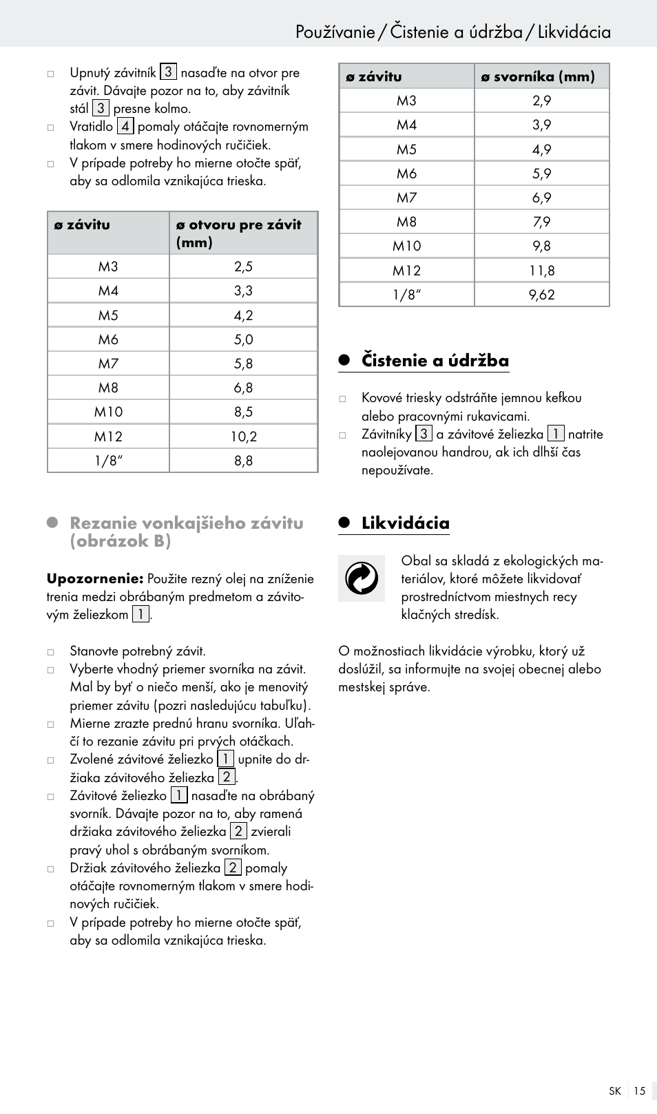 Používanie / čistenie a údržba / likvidácia, Rezanie vonkajšieho závitu (obrázok b), Čistenie a údržba | Likvidácia | Powerfix Z30003 User Manual | Page 15 / 18