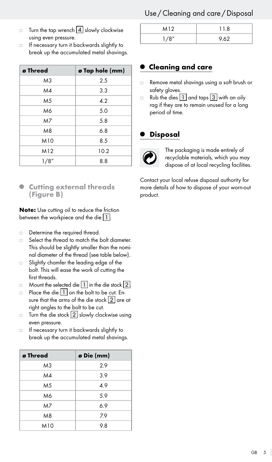 Use / cleaning and care / disposal, Cutting external threads (figure b), Cleaning and care | Disposal | Powerfix Z30003 User Manual | Page 5 / 18