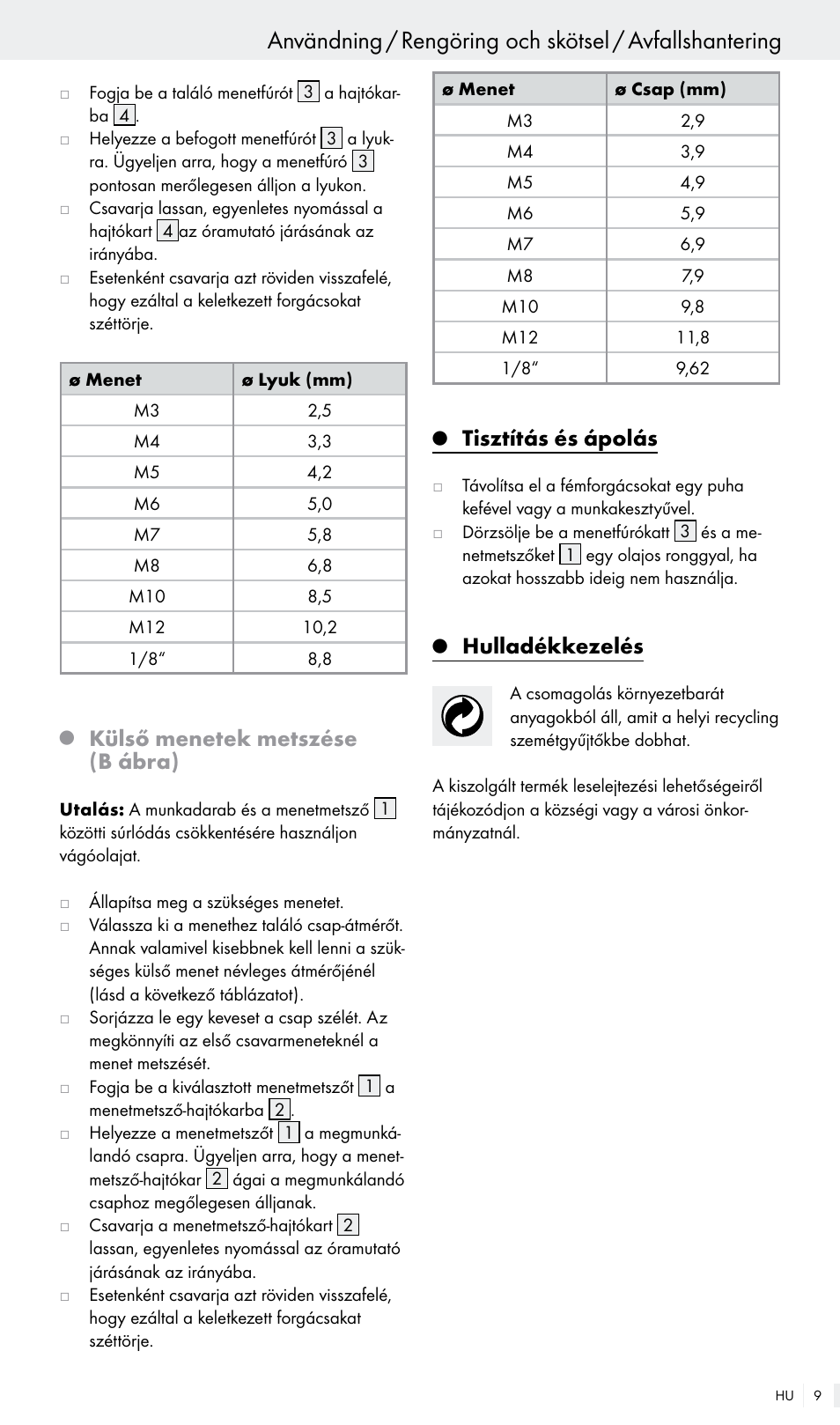 Külső menetek metszése (b ábra), Tisztítás és ápolás, Hulladékkezelés | Powerfix Z30003 User Manual | Page 9 / 18