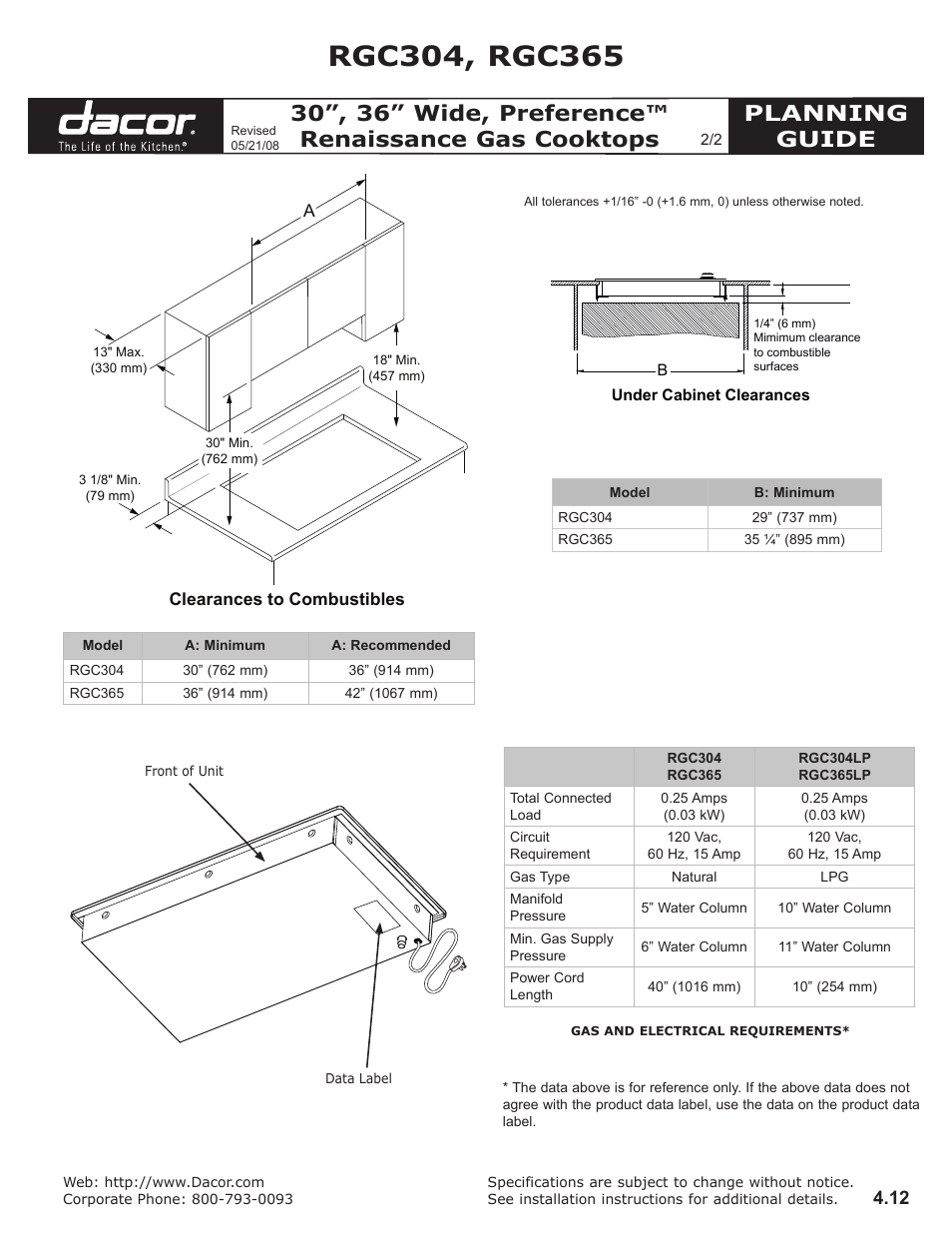 Planning guide | Dacor RGC365 User Manual | Page 2 / 2