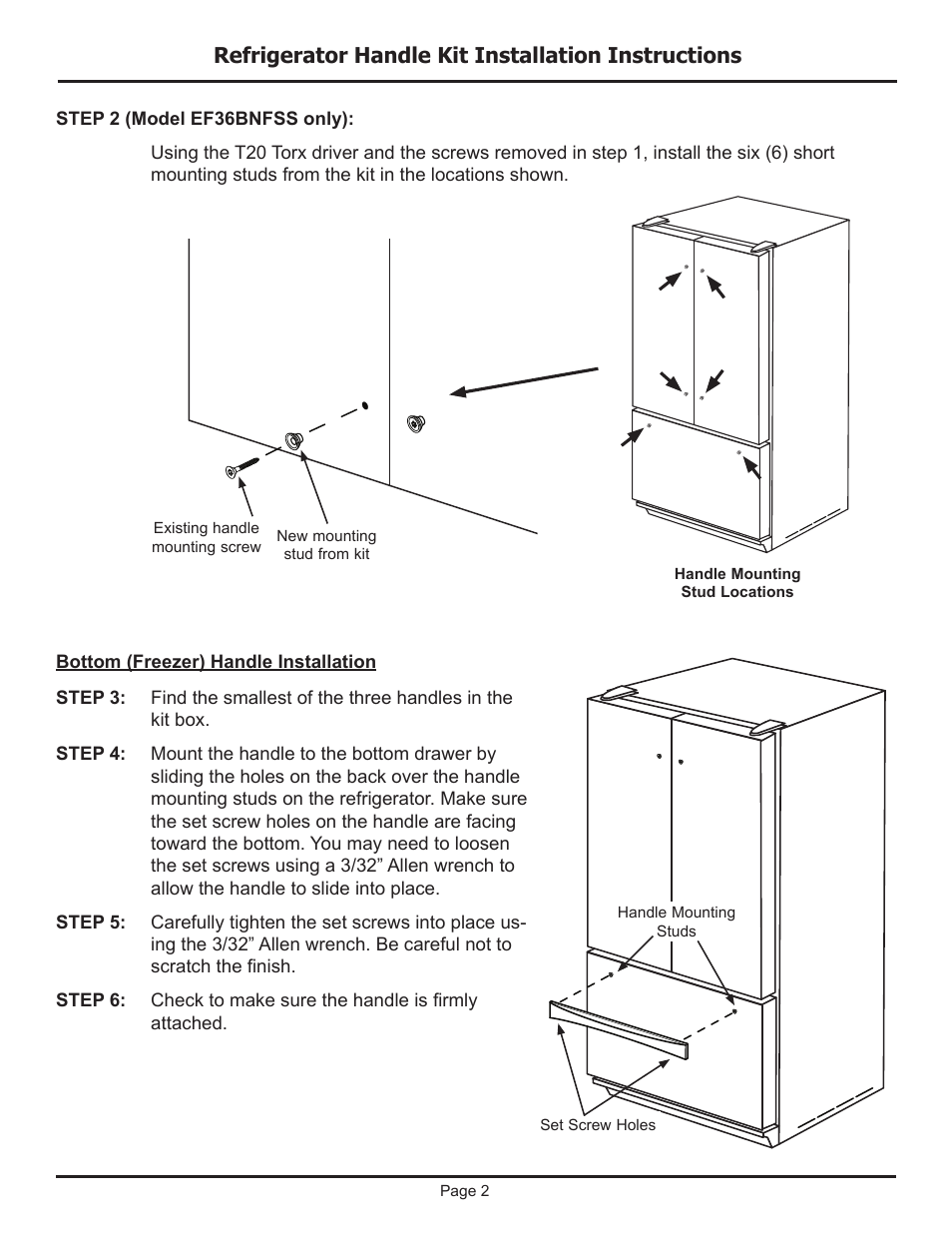 Refrigerator handle kit installation instructions | Dacor EF36BNFSS User Manual | Page 2 / 4