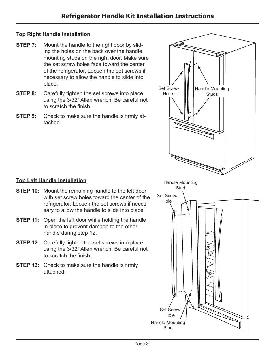 Refrigerator handle kit installation instructions | Dacor EF36BNFSS User Manual | Page 3 / 4