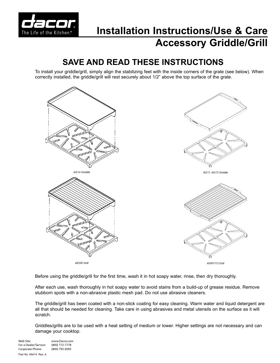 Dacor AG13 Griddle User Manual | 1 page