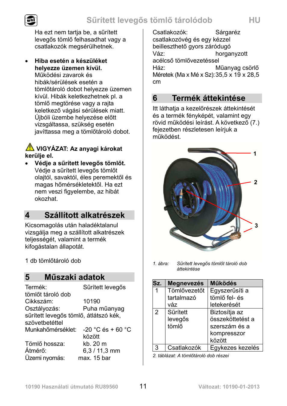 Sűrített levegős tömlő tárolódob hu, 4 szállított alkatrészek, 5 műszaki adatok | 6 termék áttekintése | Powerfix Air Compressor Hose Reel User Manual | Page 11 / 46