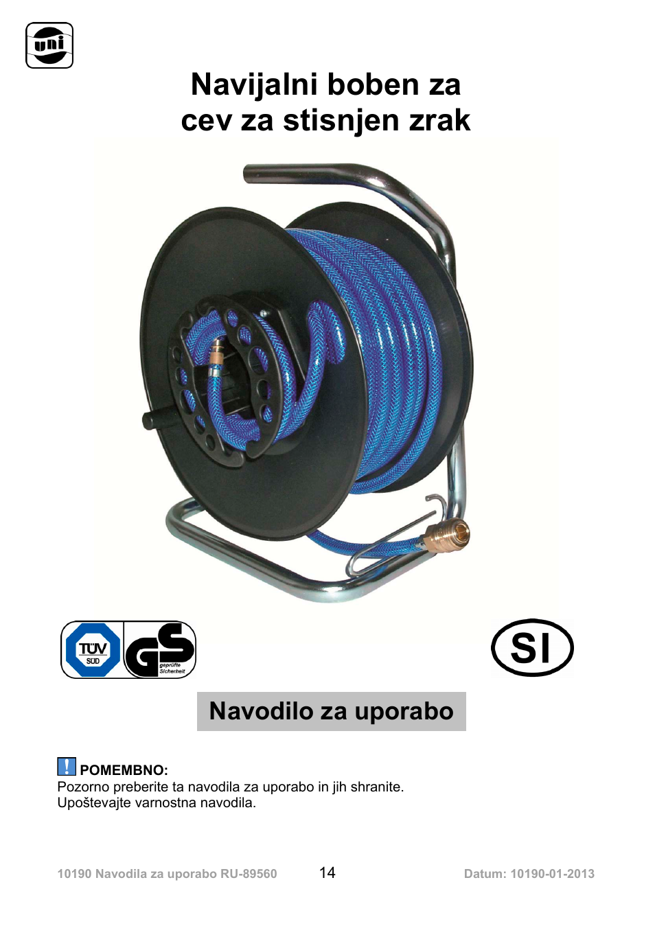 Navijalni boben za, Cev za stisnjen zrak, Navodilo za uporabo | Powerfix Air Compressor Hose Reel User Manual | Page 14 / 46