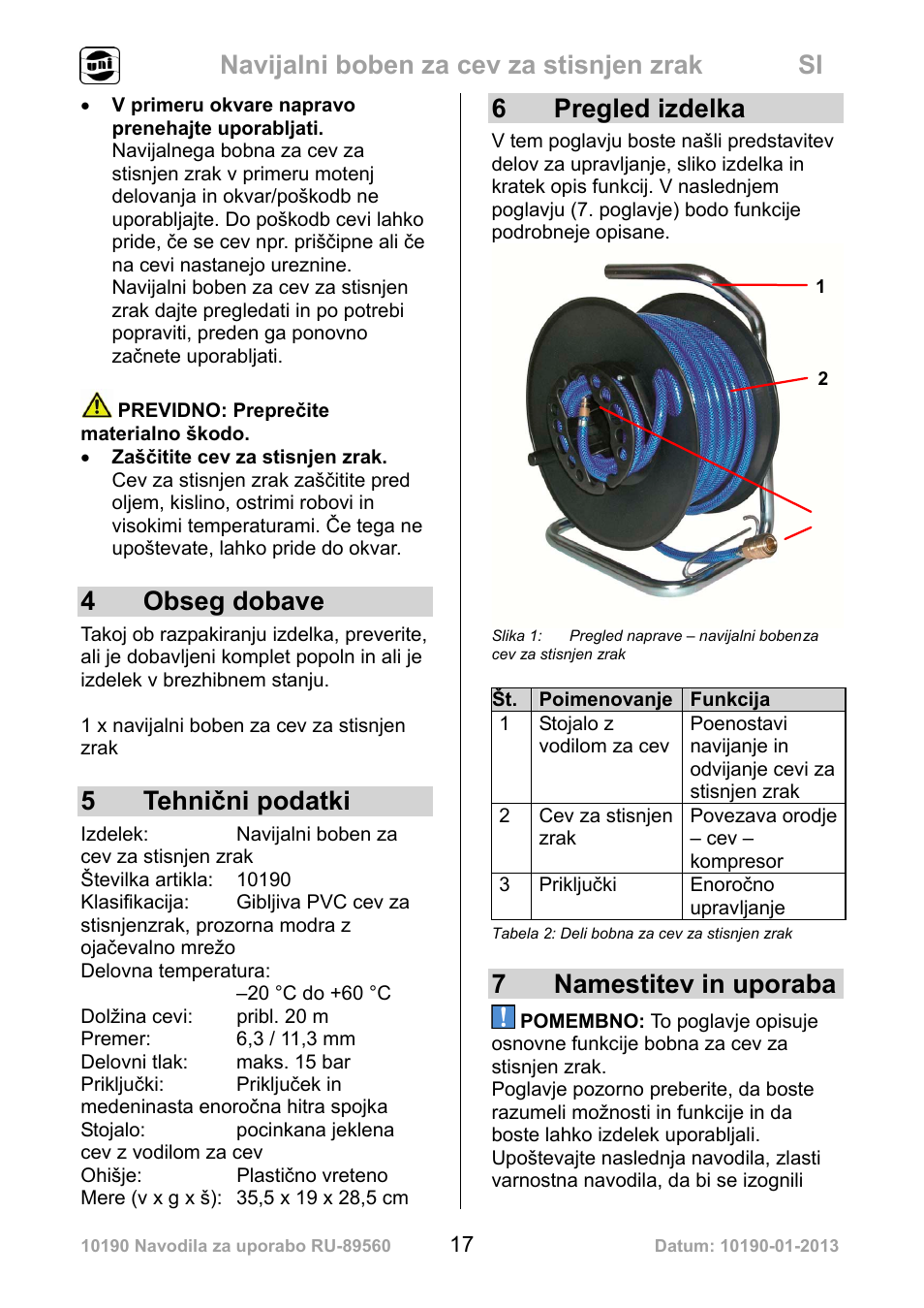 Navijalni boben za cev za stisnjen zrak si, 4 obseg dobave, 5 tehnični podatki | 6 pregled izdelka, 7namestitev in uporaba | Powerfix Air Compressor Hose Reel User Manual | Page 17 / 46