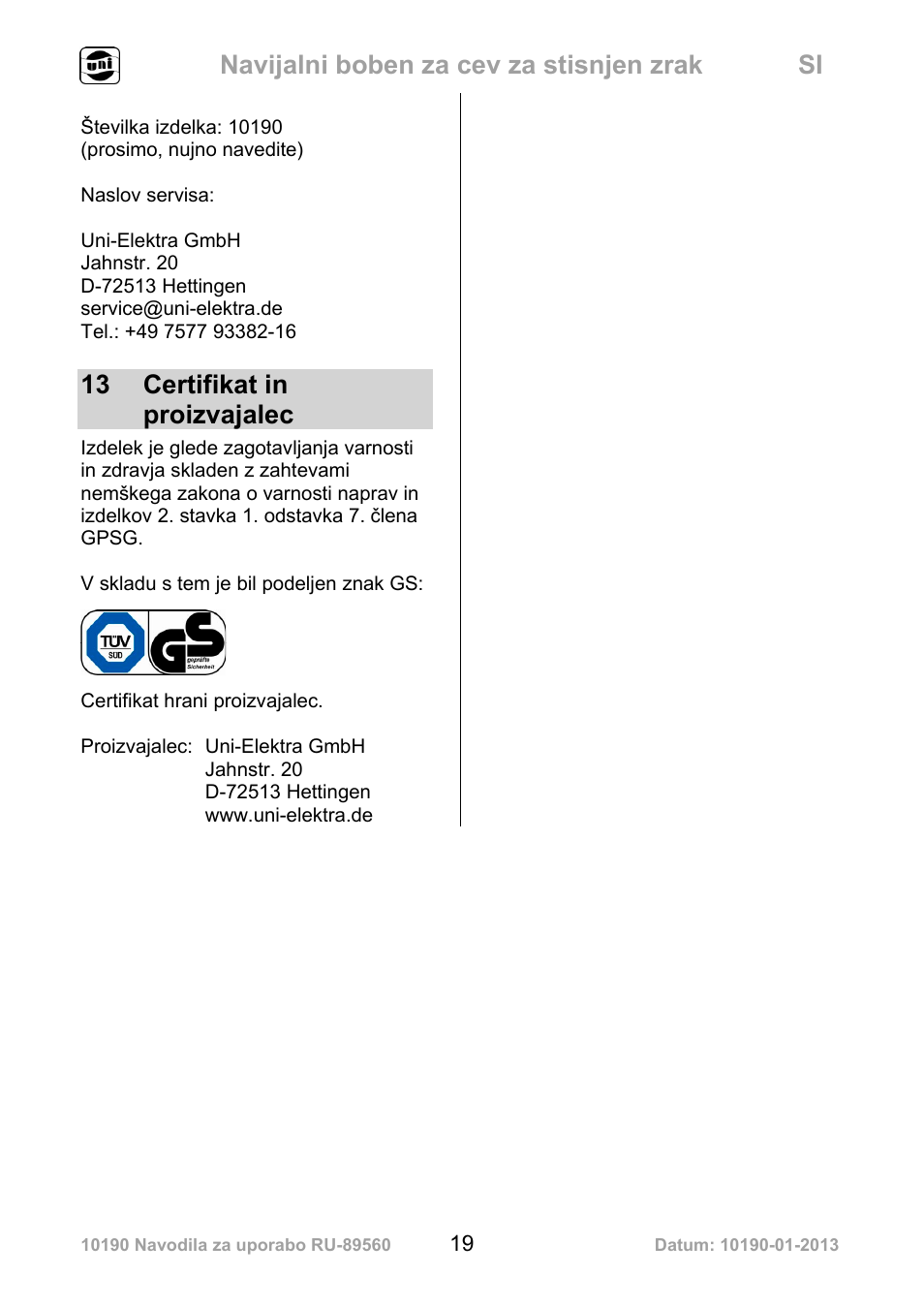 Navijalni boben za cev za stisnjen zrak si, 13 certifikat in proizvajalec | Powerfix Air Compressor Hose Reel User Manual | Page 19 / 46