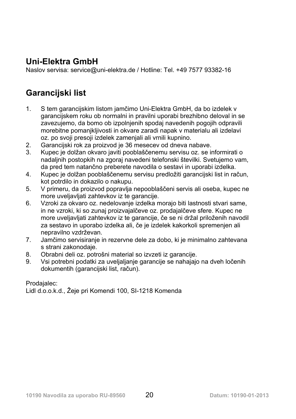 Uni-elektra gmbh, Garancijski list | Powerfix Air Compressor Hose Reel User Manual | Page 20 / 46