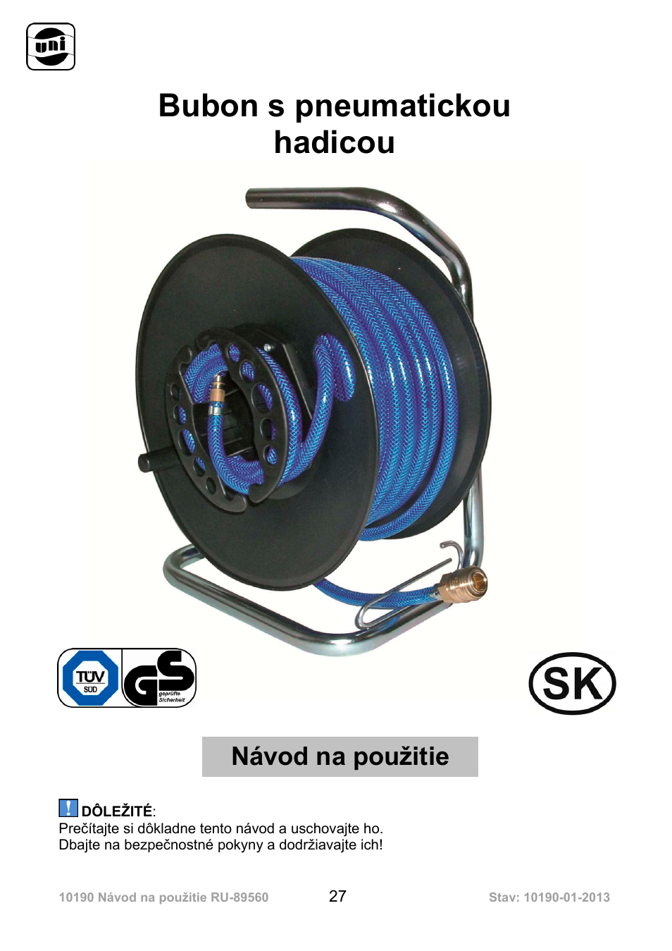 Bubon s pneumatickou hadicou, Návod na použitie | Powerfix Air Compressor Hose Reel User Manual | Page 27 / 46