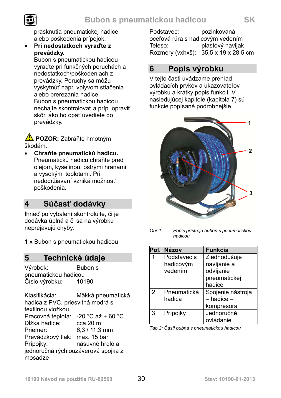 Bubon s pneumatickou hadicou sk, 4 súčasť dodávky, 5 technické údaje | 6 popis výrobku | Powerfix Air Compressor Hose Reel User Manual | Page 30 / 46