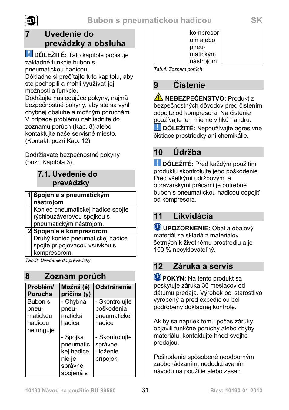 Bubon s pneumatickou hadicou sk, 7 uvedenie do prevádzky a obsluha, 8 zoznam porúch | 9čistenie, 10 údržba, 11 likvidácia, 12 záruka a servis | Powerfix Air Compressor Hose Reel User Manual | Page 31 / 46