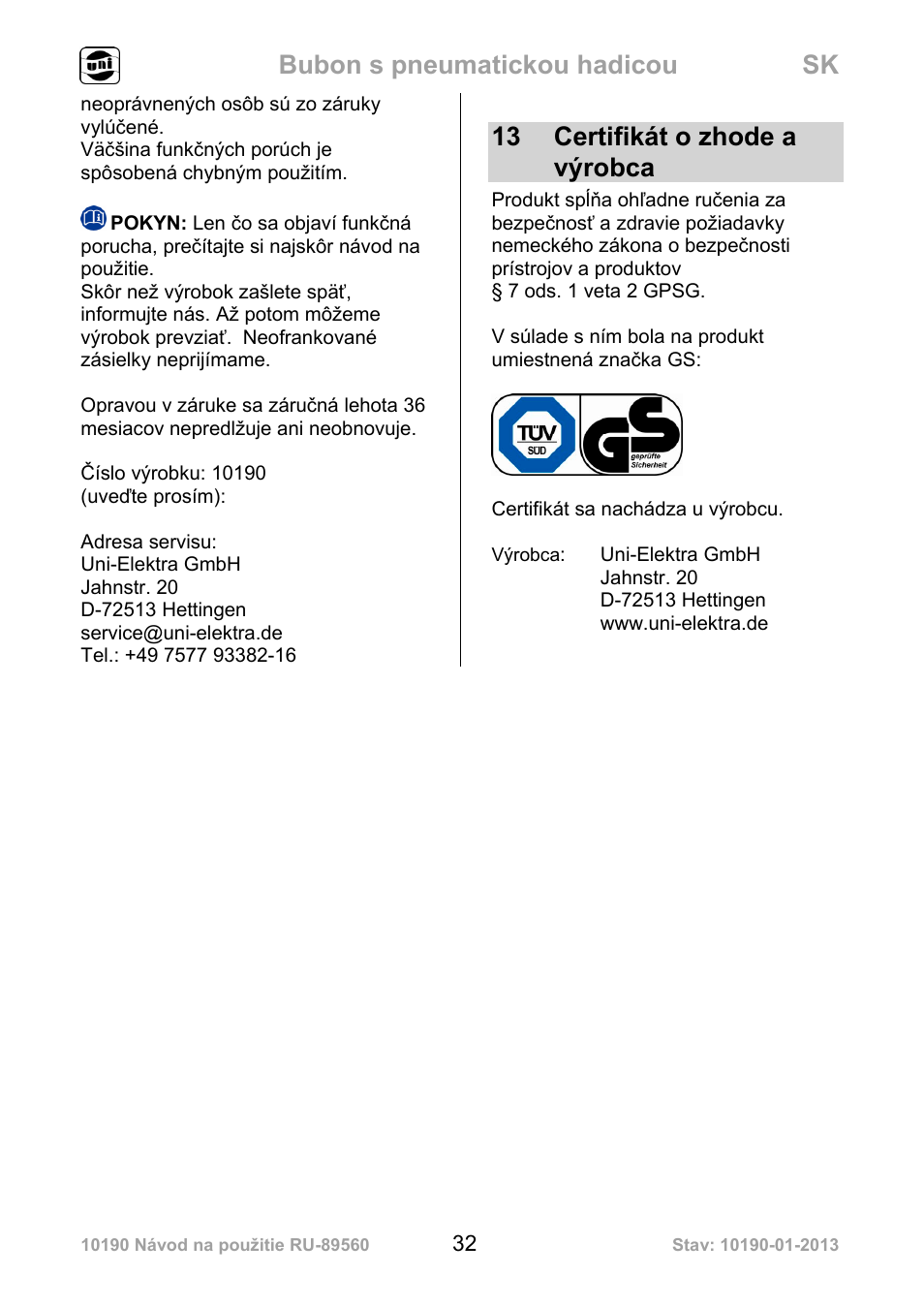 Bubon s pneumatickou hadicou sk, 13 certifikát o zhode a výrobca | Powerfix Air Compressor Hose Reel User Manual | Page 32 / 46